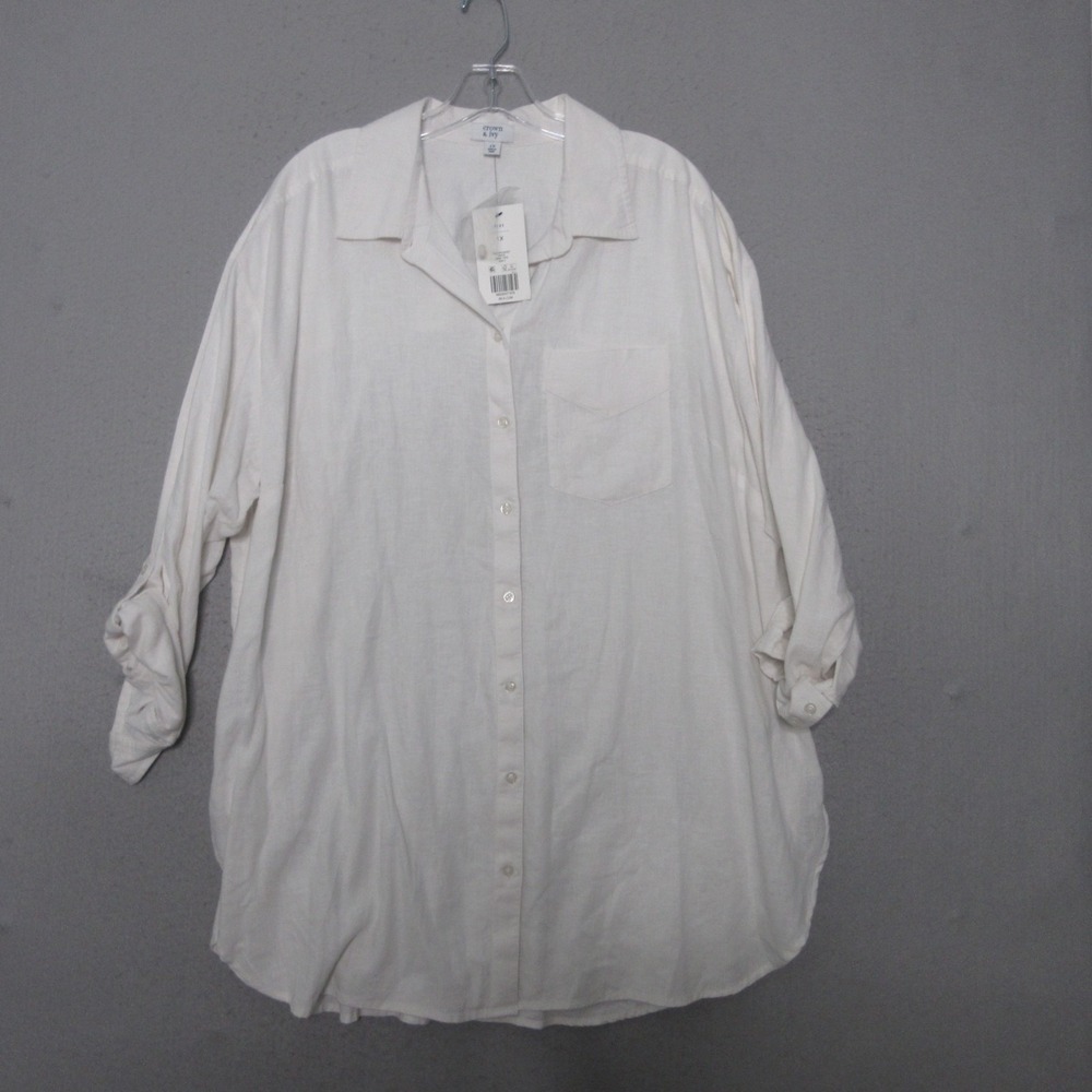 Crown & Ivy Top Tunic‎ Plus 1X White Button Up Tabbed Sleeve Capsule NWT
